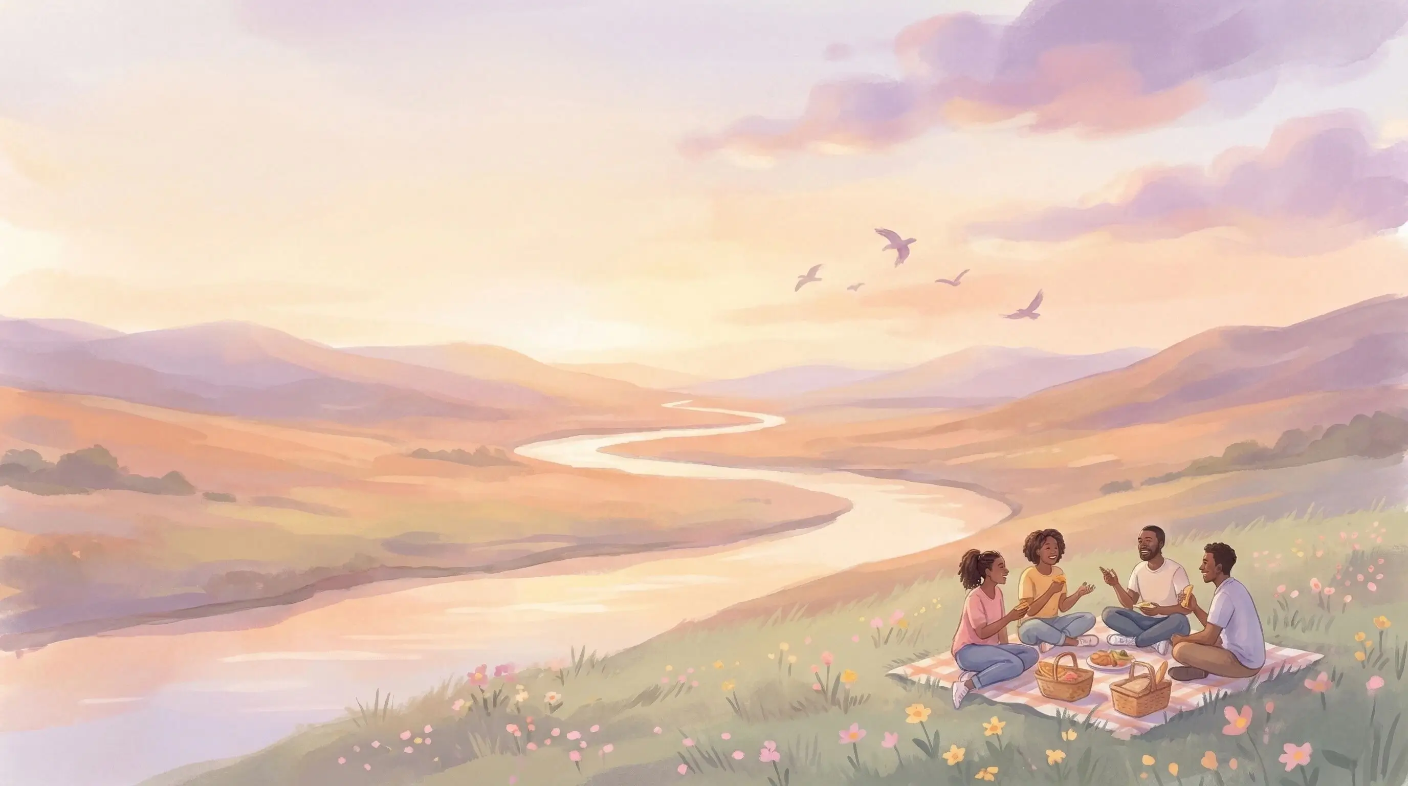 Serene valley landscape with students enjoying a picnic